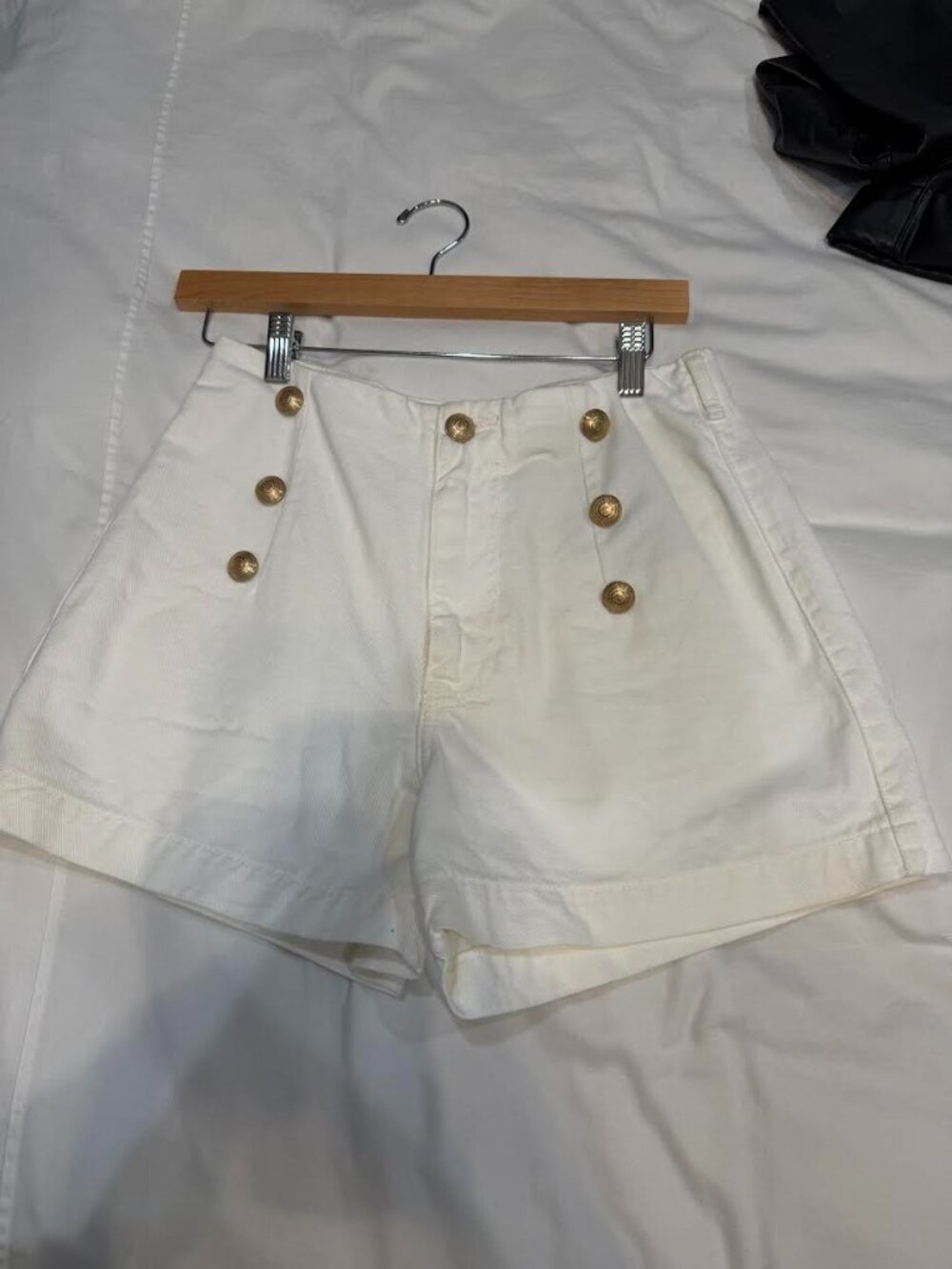 Zara White High Waisted Shorts with Gold Coin Accents, Size 6